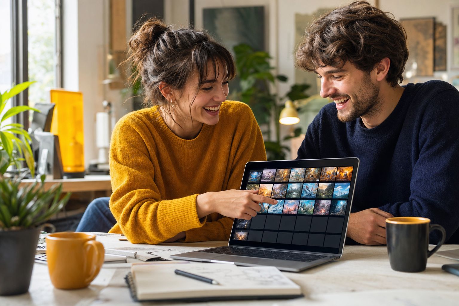 Two colleagues working through a problem together at a laptop