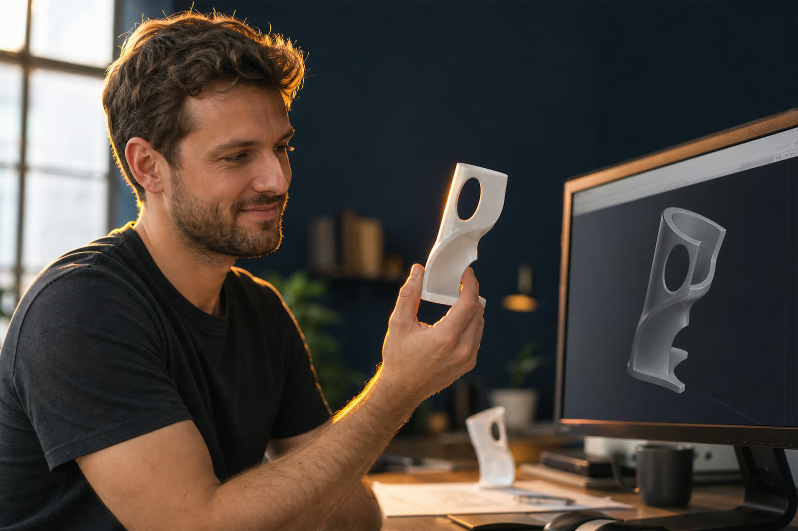 A product designer holding a 3D-printed prototype beside its rendered twin