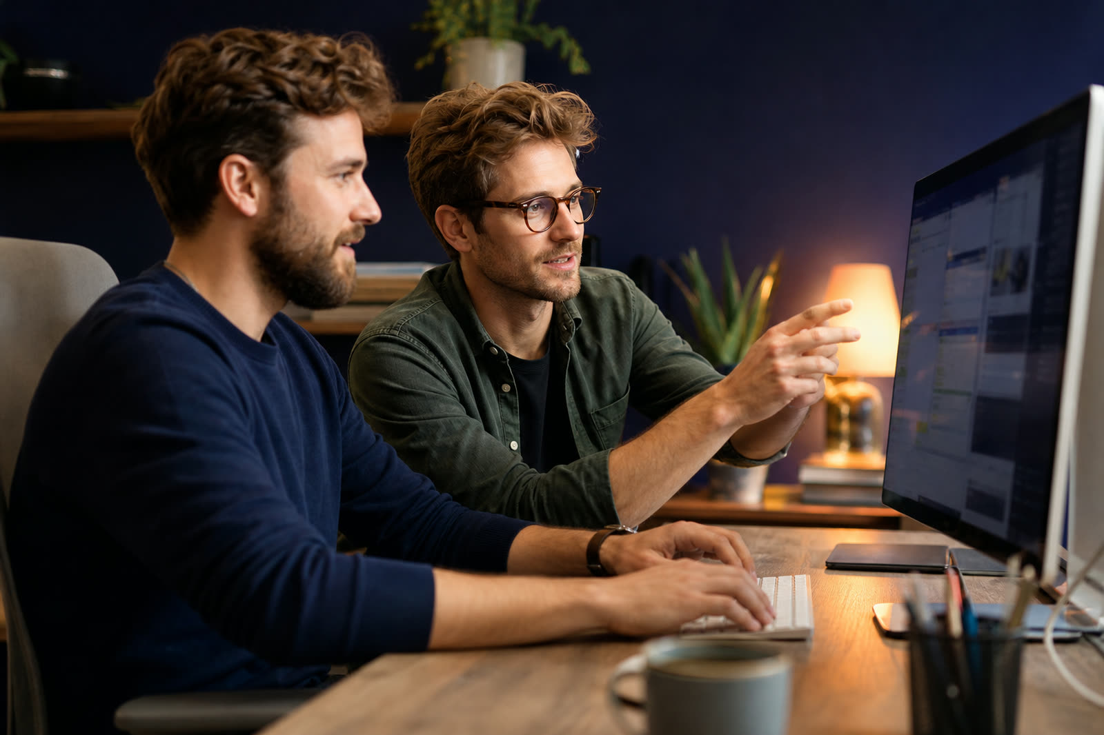 Two developers working through code together at a bright desk