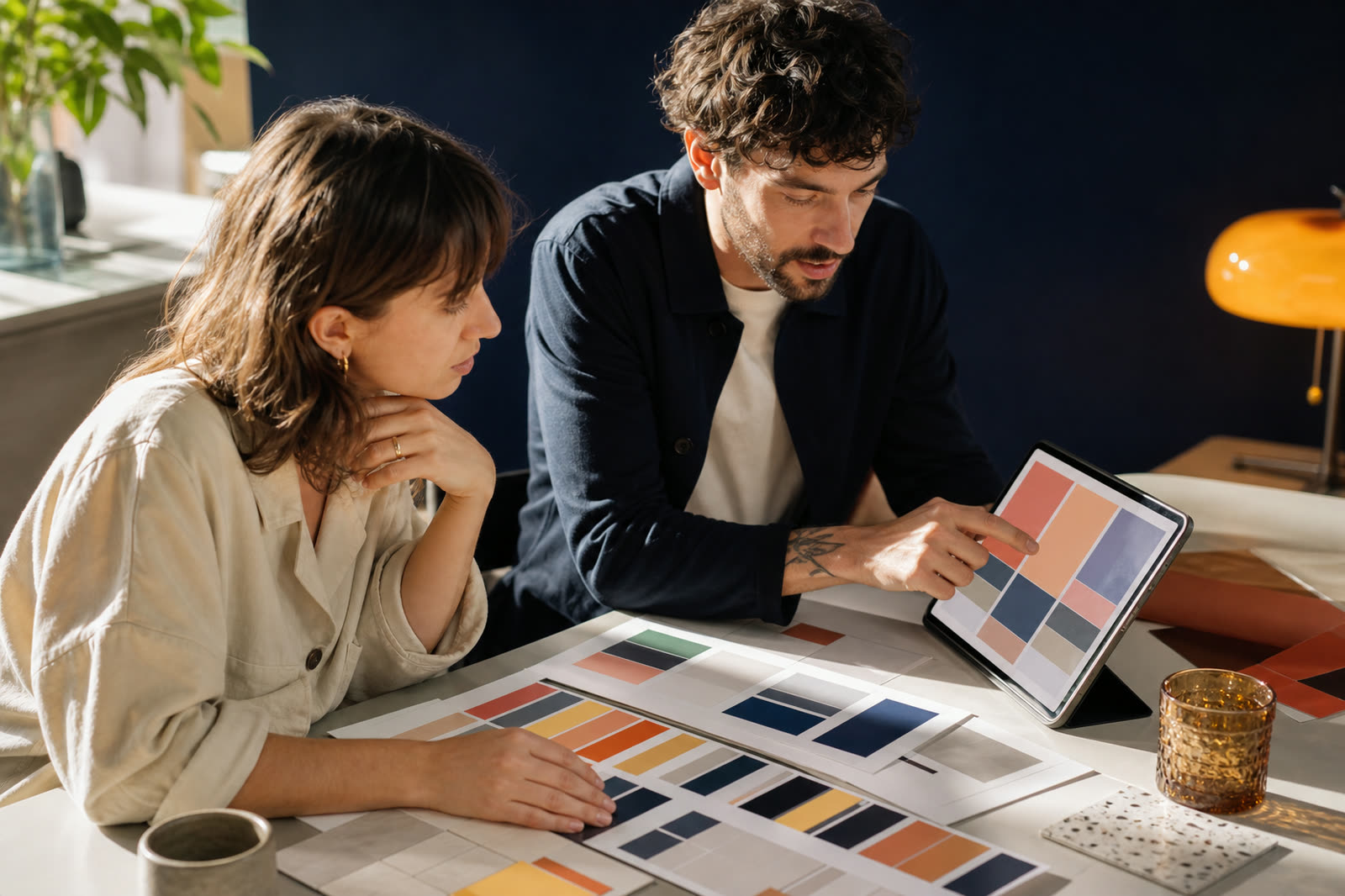 Two brand designers comparing printed colour samples against a tablet
