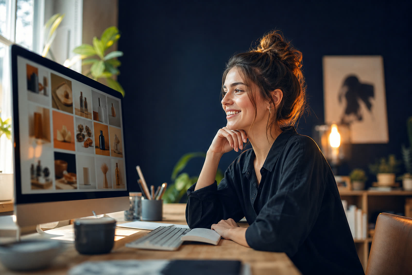A designer smiling at a monitor filled with generated product photographs