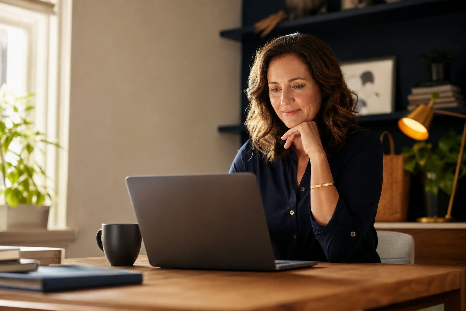 A business owner reading a long document on a laptop in a sunlit home office