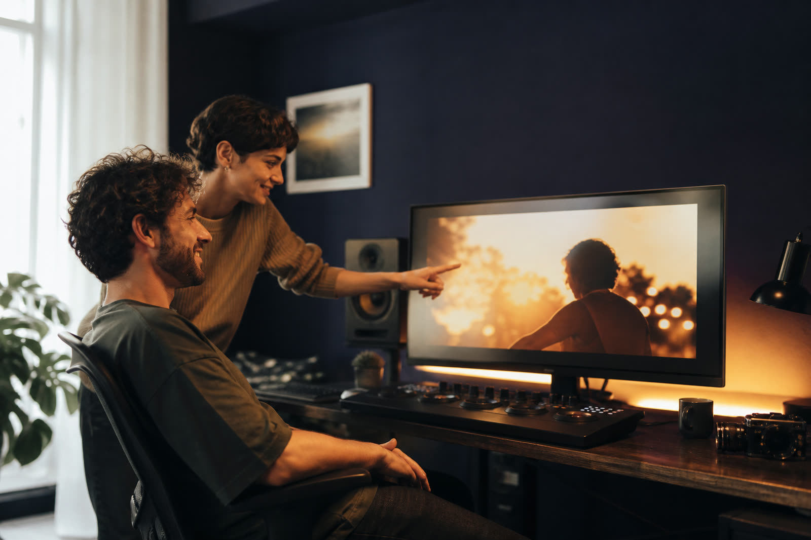 Two film editors reviewing warm graded footage on a wide monitor