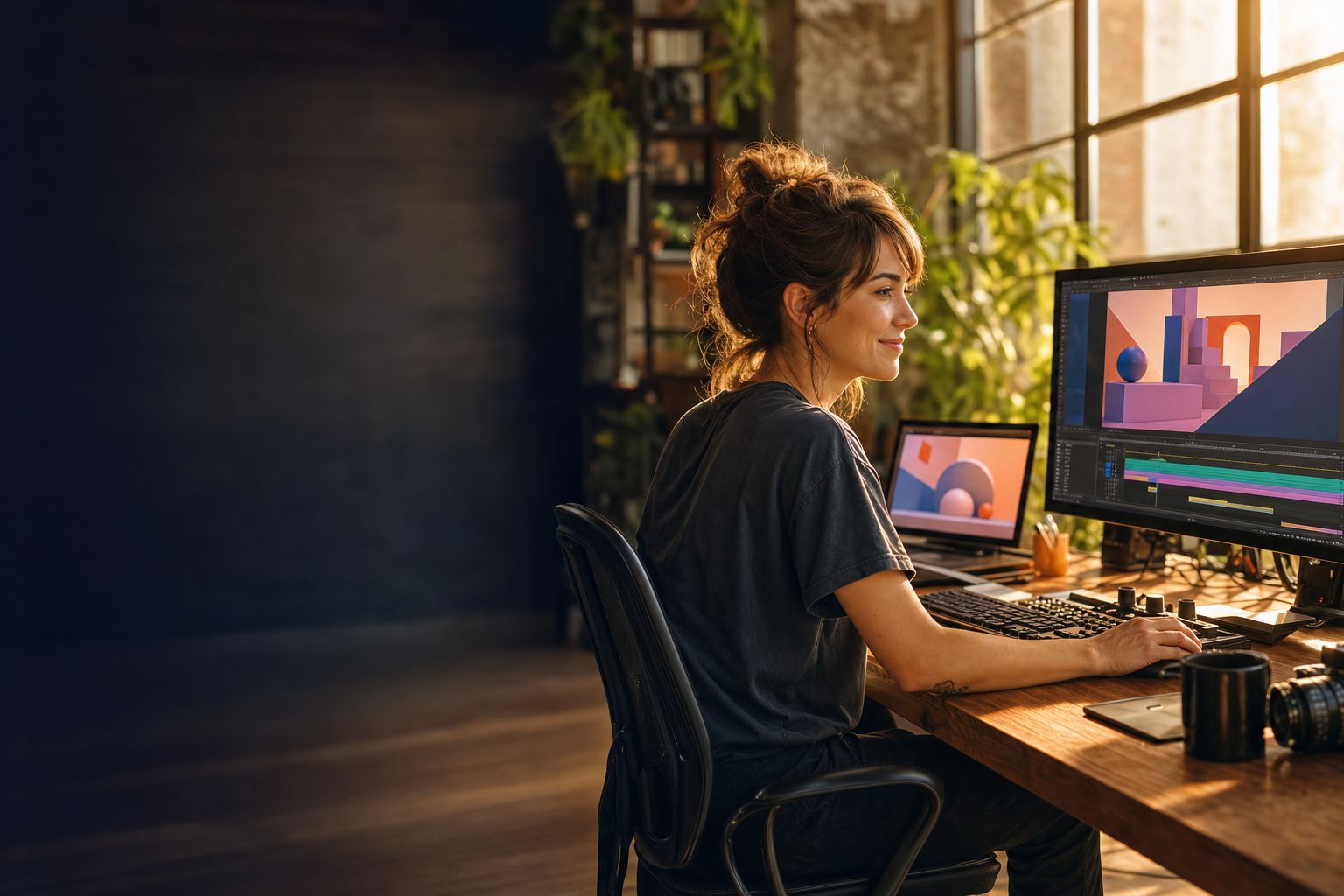 A filmmaker working at a sunlit desk with two monitors