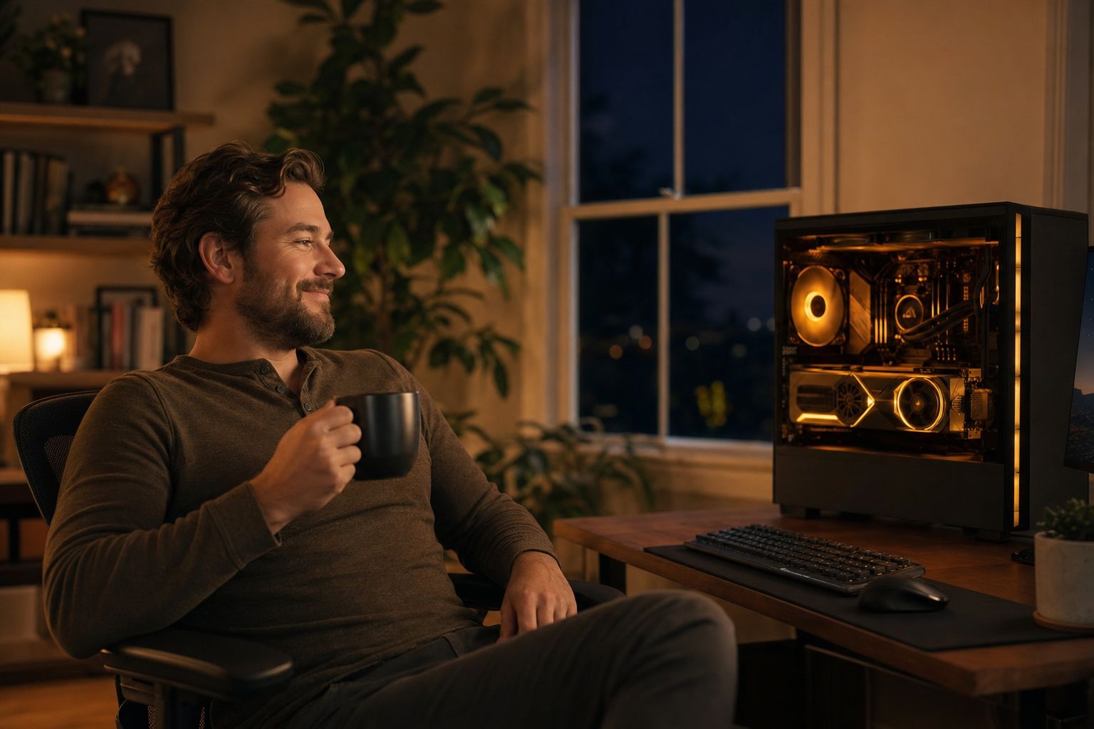 A tidy home office at dusk with a graphics card lit by a warm amber glow